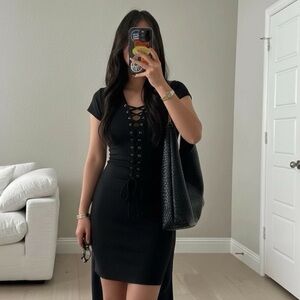 M Boutique - Black T Shirt Lace Up Front Mini Dress